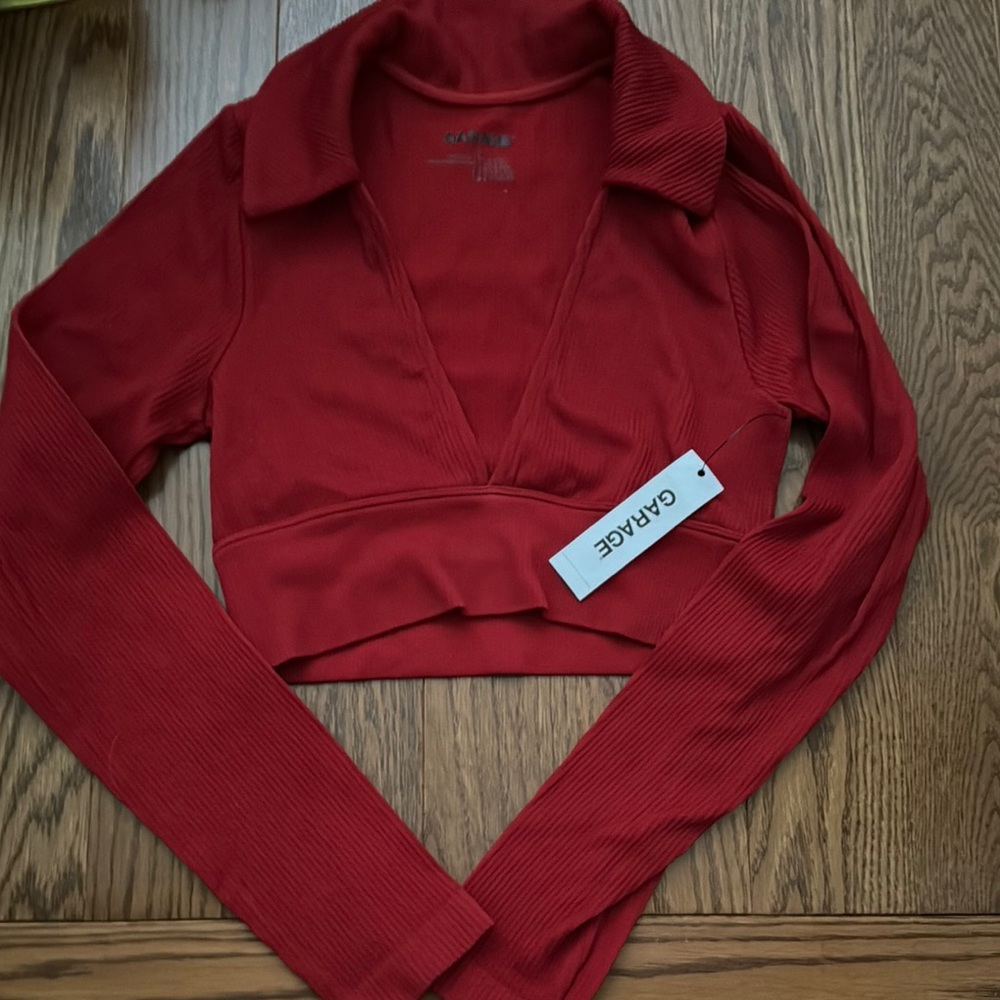 Garage Red Ribbed Long-Sleeve Crop Shirt